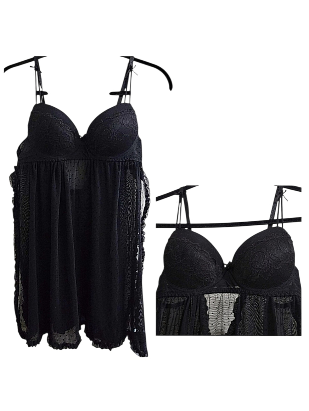 Elegance Black Lace Underwire Sheer Dotty Babydoll Nightgown Nightie Medium